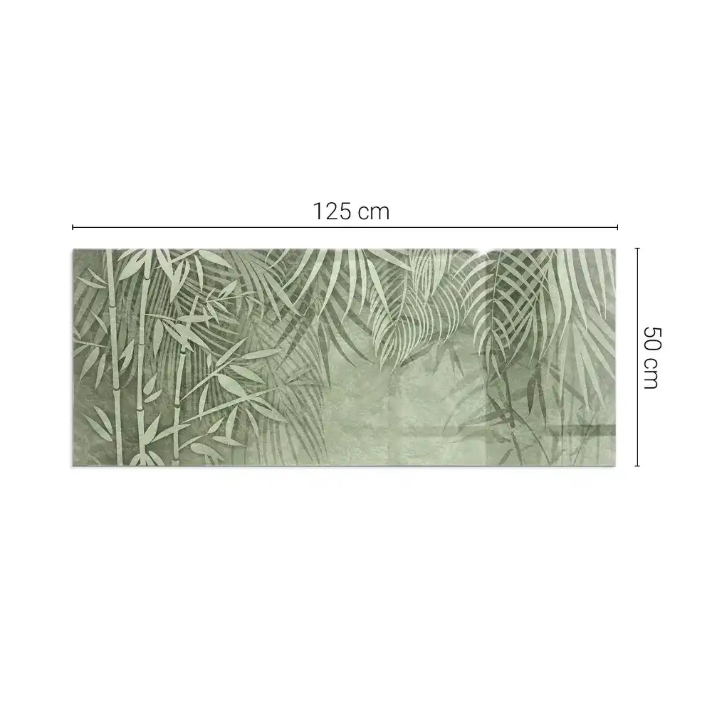 Plaque de sol rectangulaire en verre pour cheminée d'angle avec motif feuilles tropicales