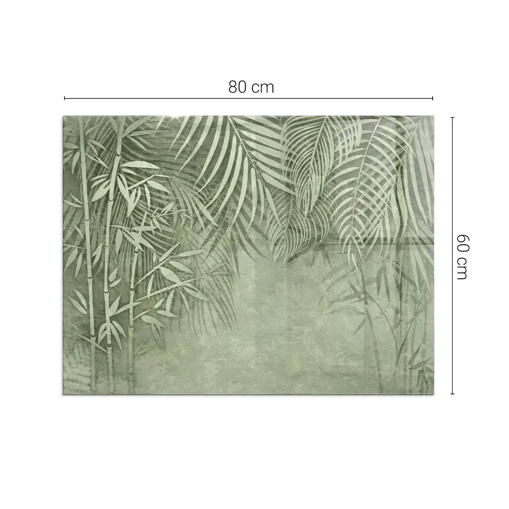 Plaque de sol rectangulaire en verre pour cheminée d'angle avec motif feuilles tropicales