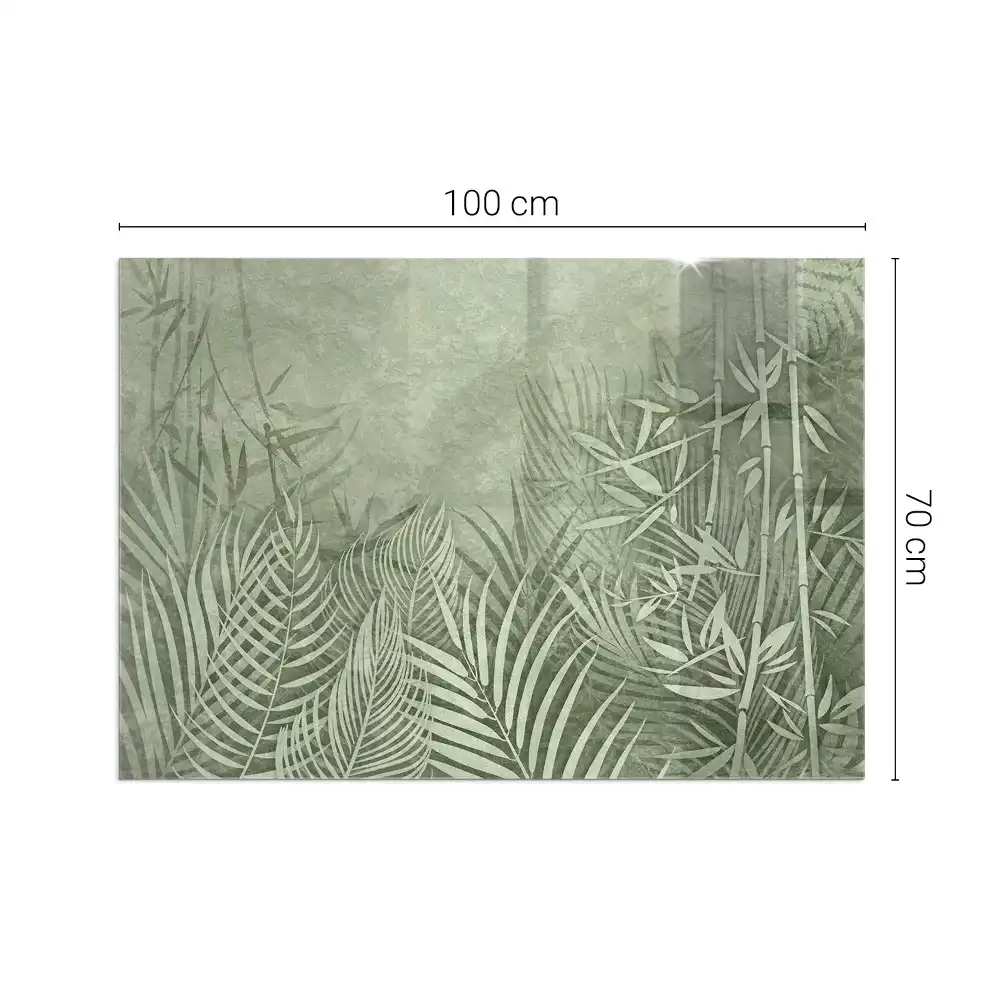 Plaque de sol rectangulaire en verre pour cheminée d'angle avec motif feuilles tropicales