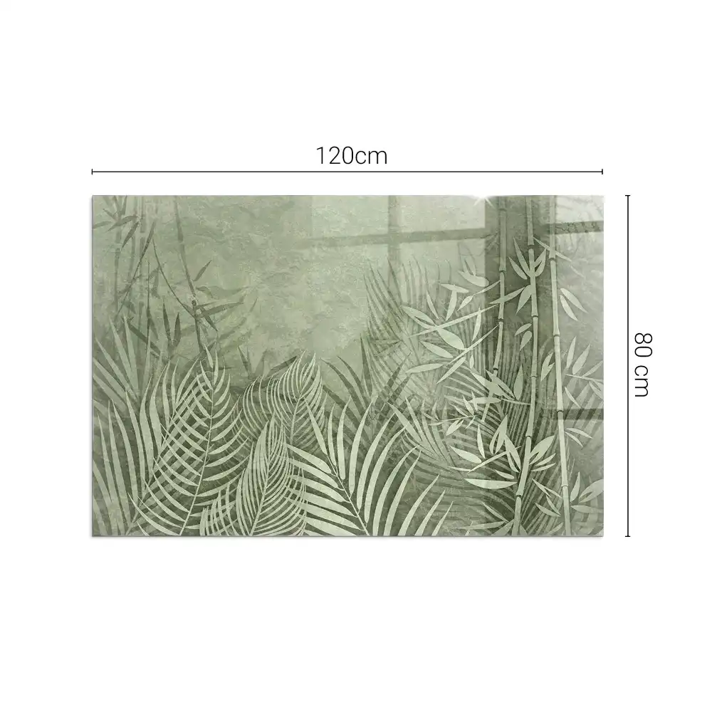 Plaque de sol rectangulaire en verre pour cheminée d'angle avec motif feuilles tropicales
