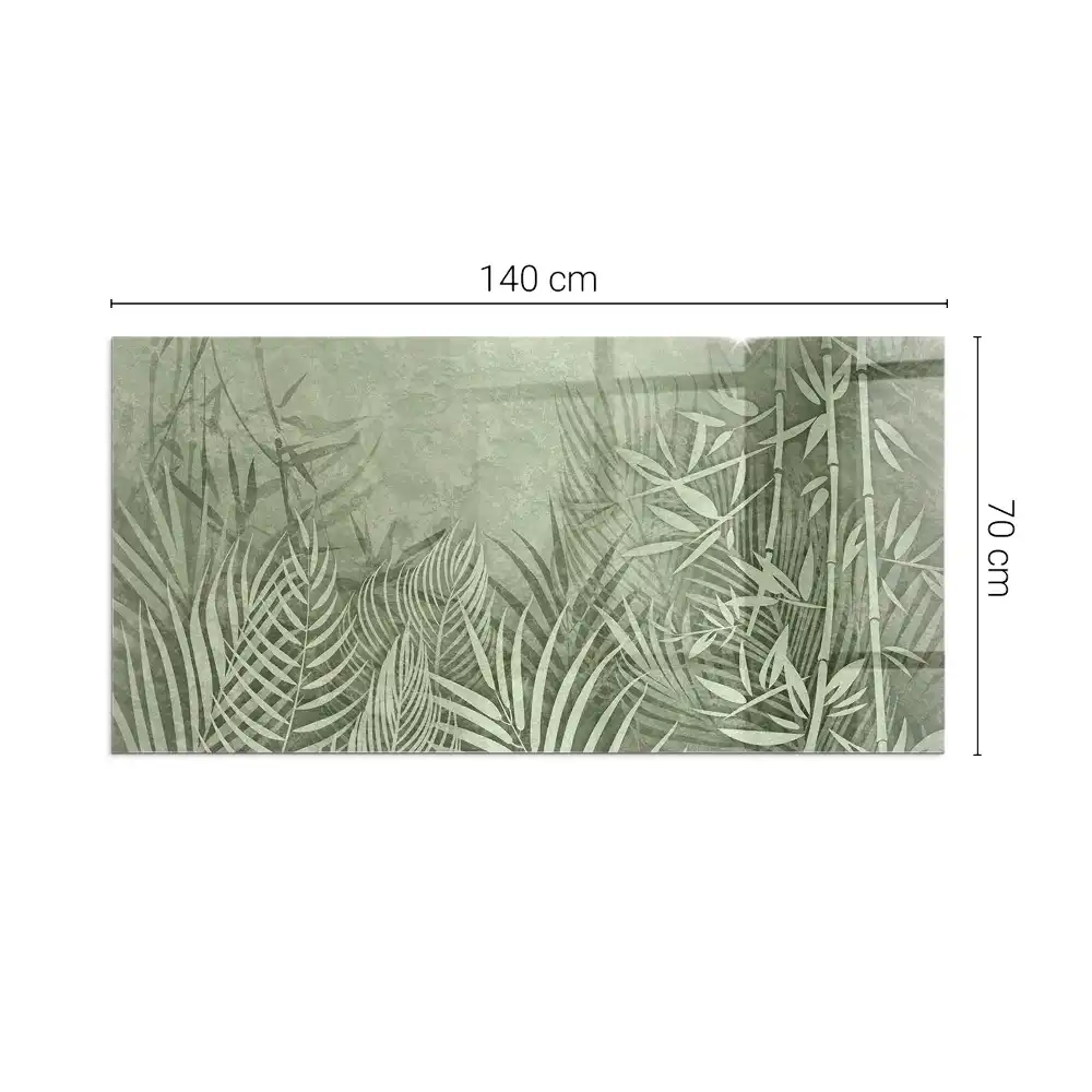 Plaque de sol rectangulaire en verre pour cheminée d'angle avec motif feuilles tropicales