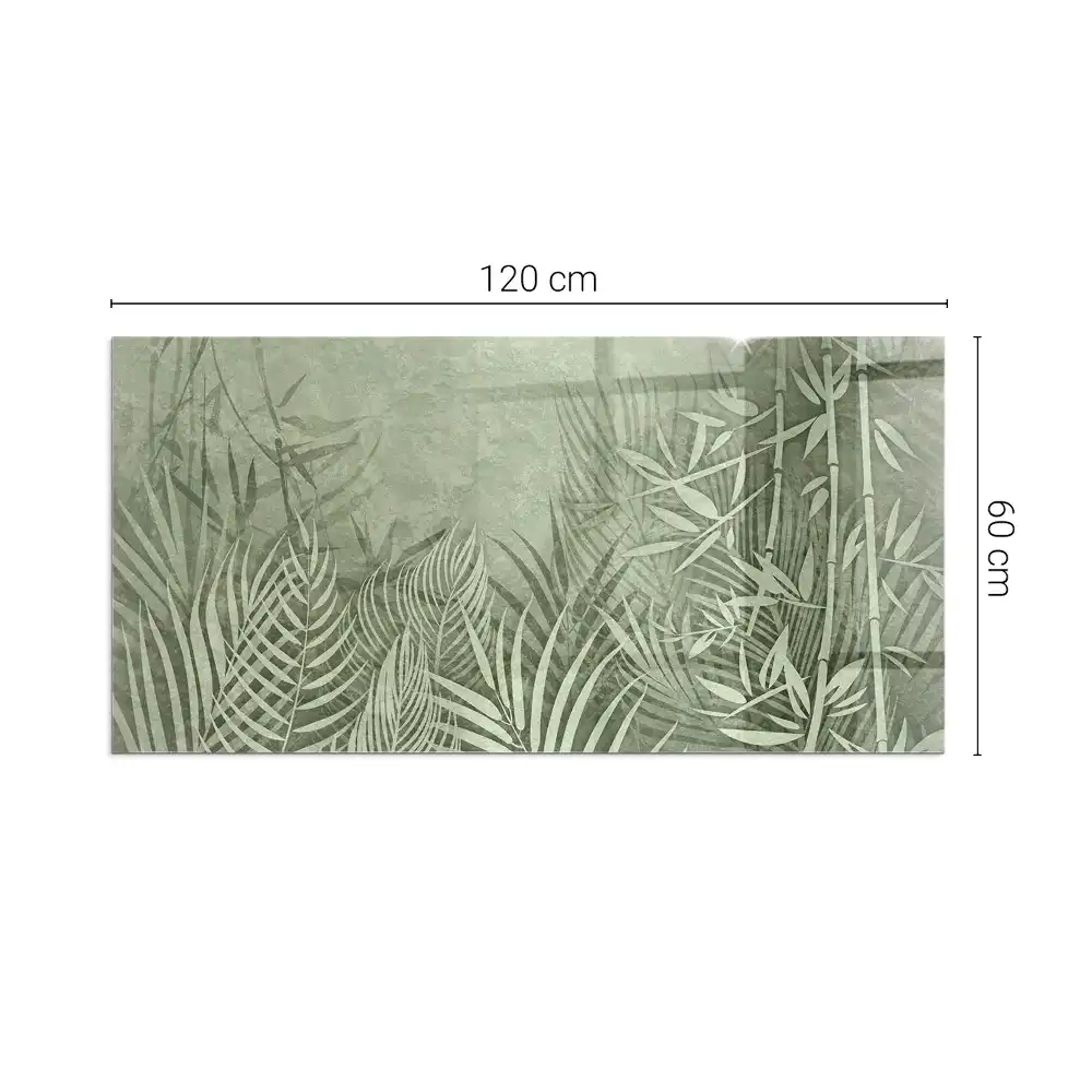 Plaque de sol rectangulaire en verre pour cheminée d'angle avec motif feuilles tropicales