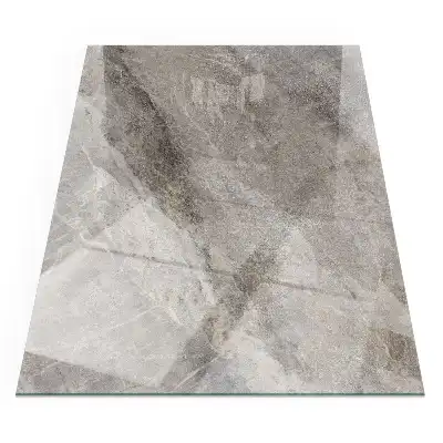 Plaque de sol rectangulaire en verre pour cheminée d'angle avec motif pierre naturelle