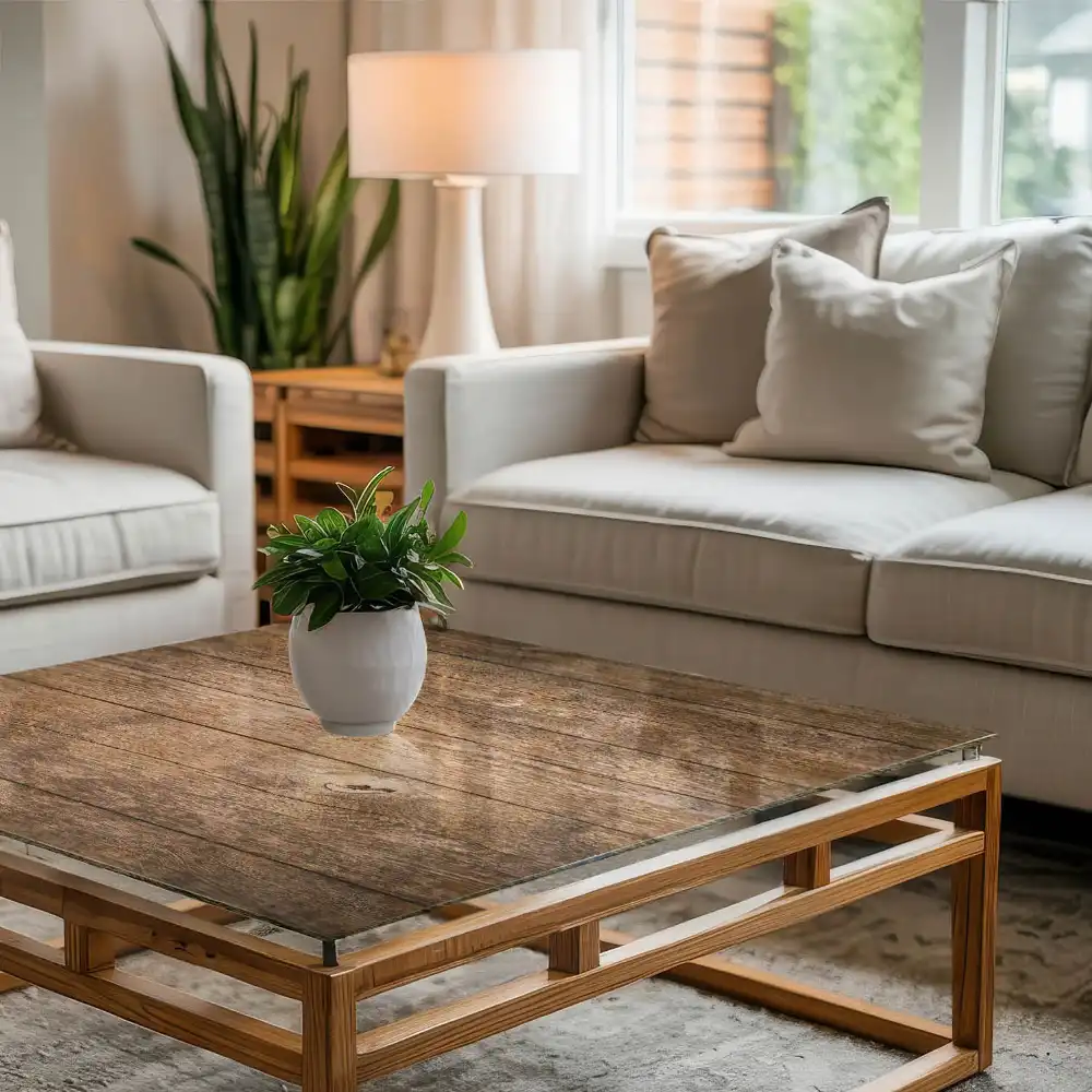 Plateau carré en verre avec motif de planches de bois