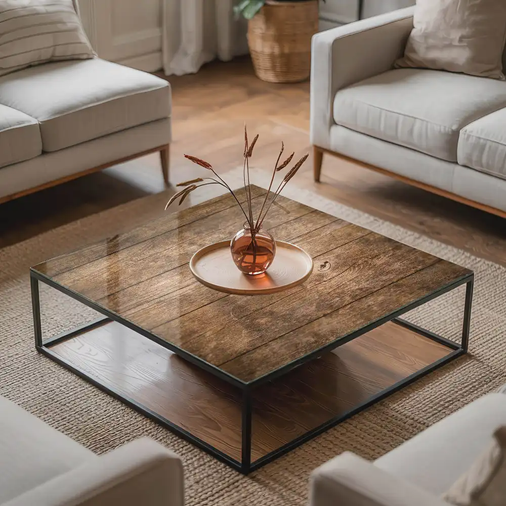 Plateau carré en verre avec motif de planches de bois