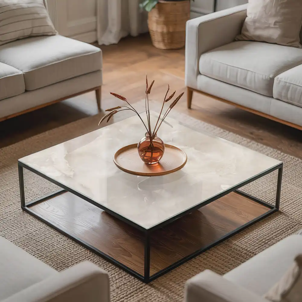 Plateau carré en verre avec motif effet marbre