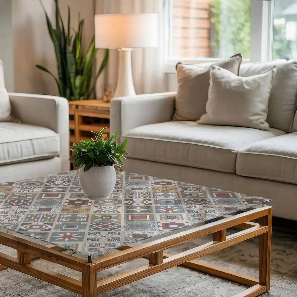 Plateau de table carré à motif mosaïque avec ornements