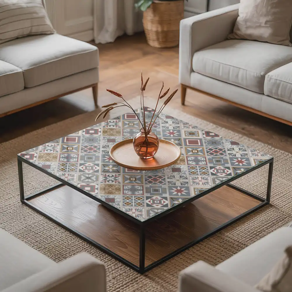 Plateau de table carré à motif mosaïque avec ornements