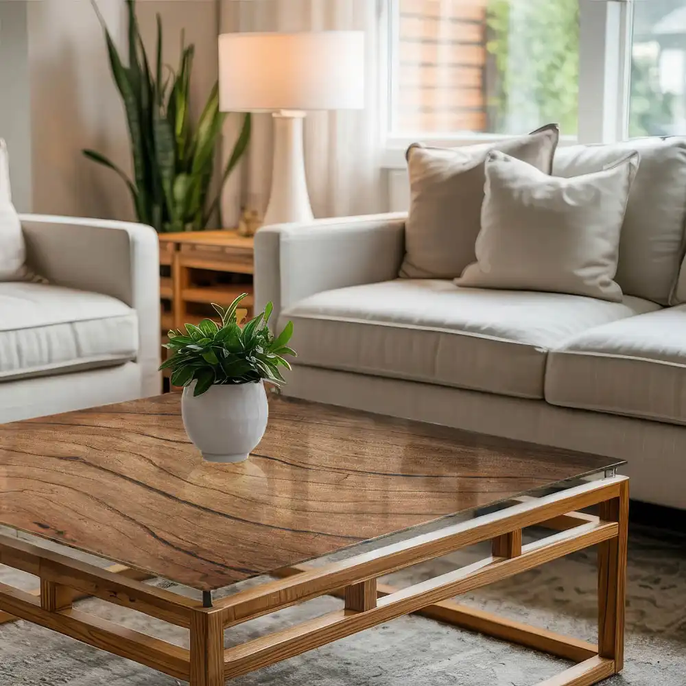 Plateau carré en verre avec motif bois naturel