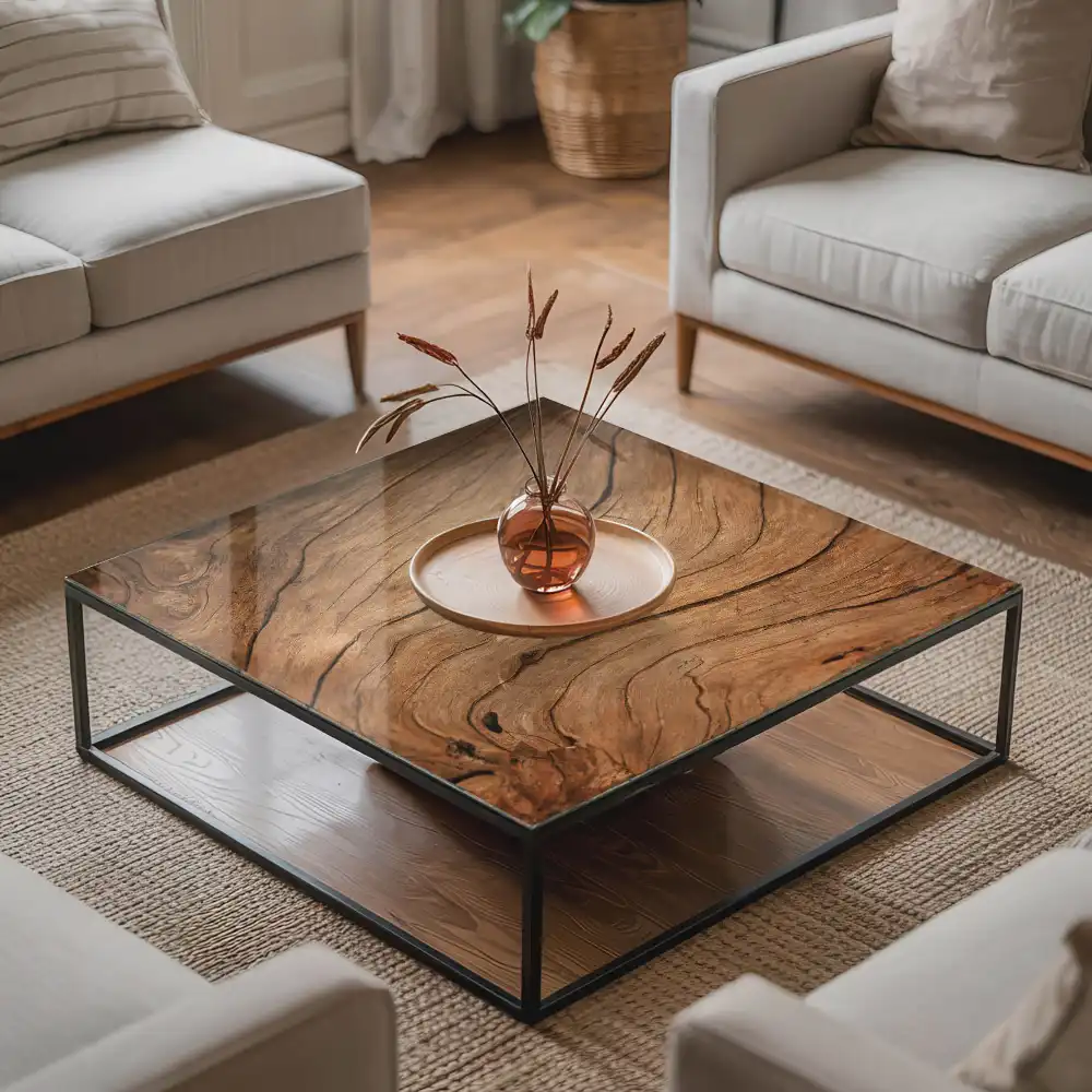 Plateau carré en verre avec motif bois naturel