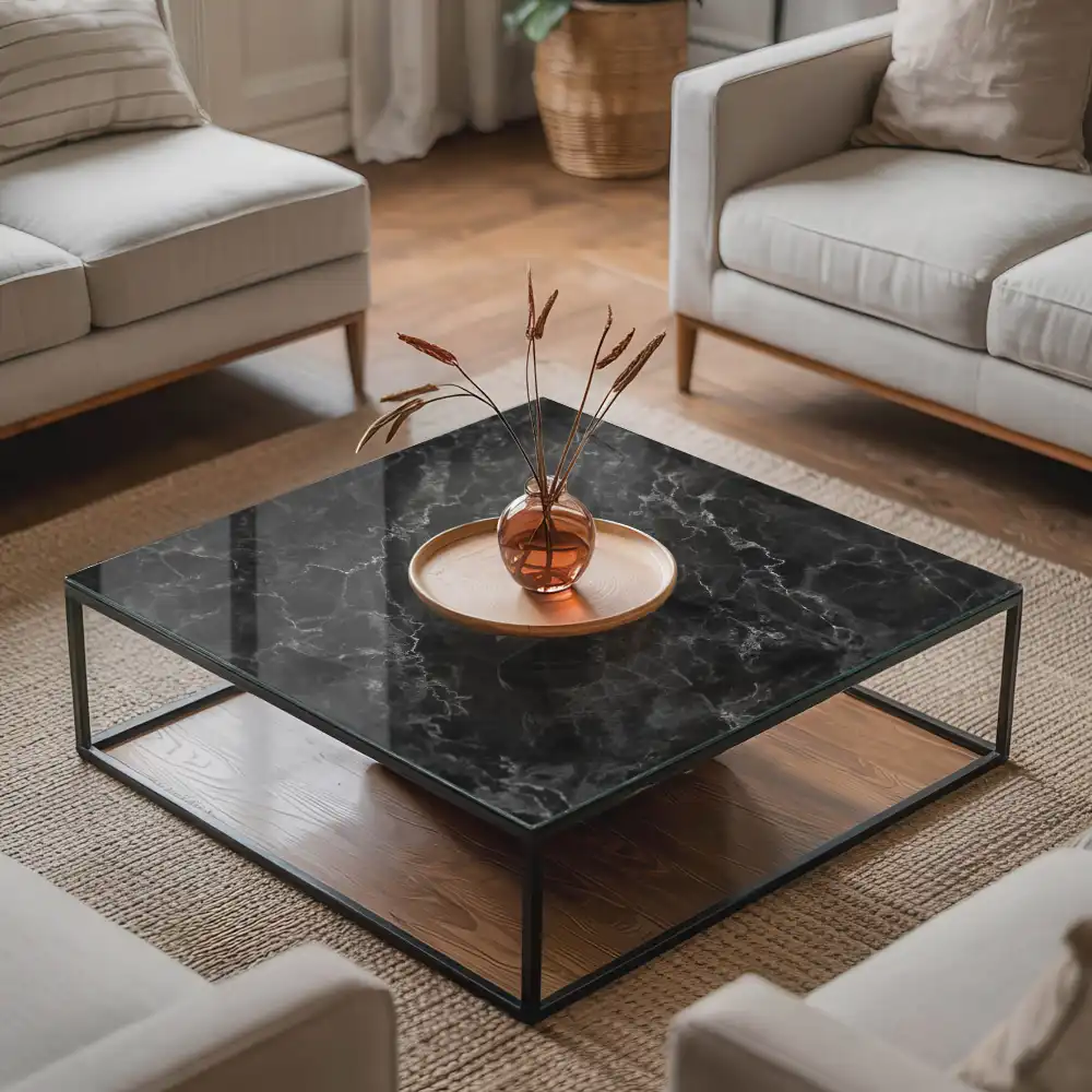 Plateau de table basse carré à motif marbre veiné