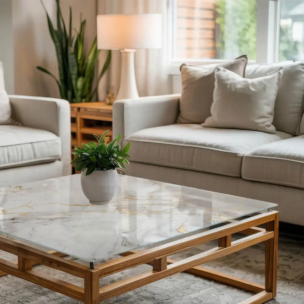 Plateau de table basse carré en marbre avec veinage élégant