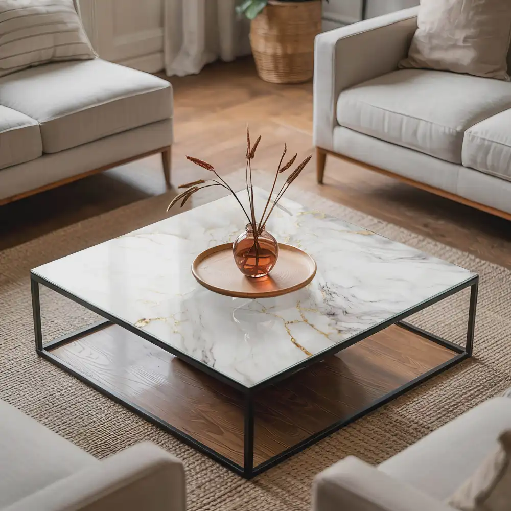 Plateau de table basse carré en marbre avec veinage élégant