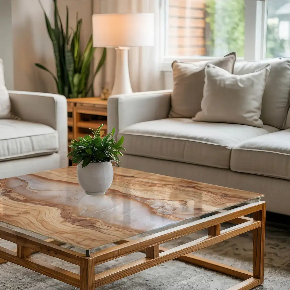 Plateau de table carré en bois naturel et résine