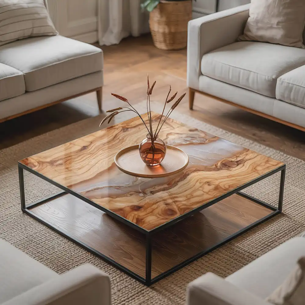 Plateau de table carré en bois naturel et résine