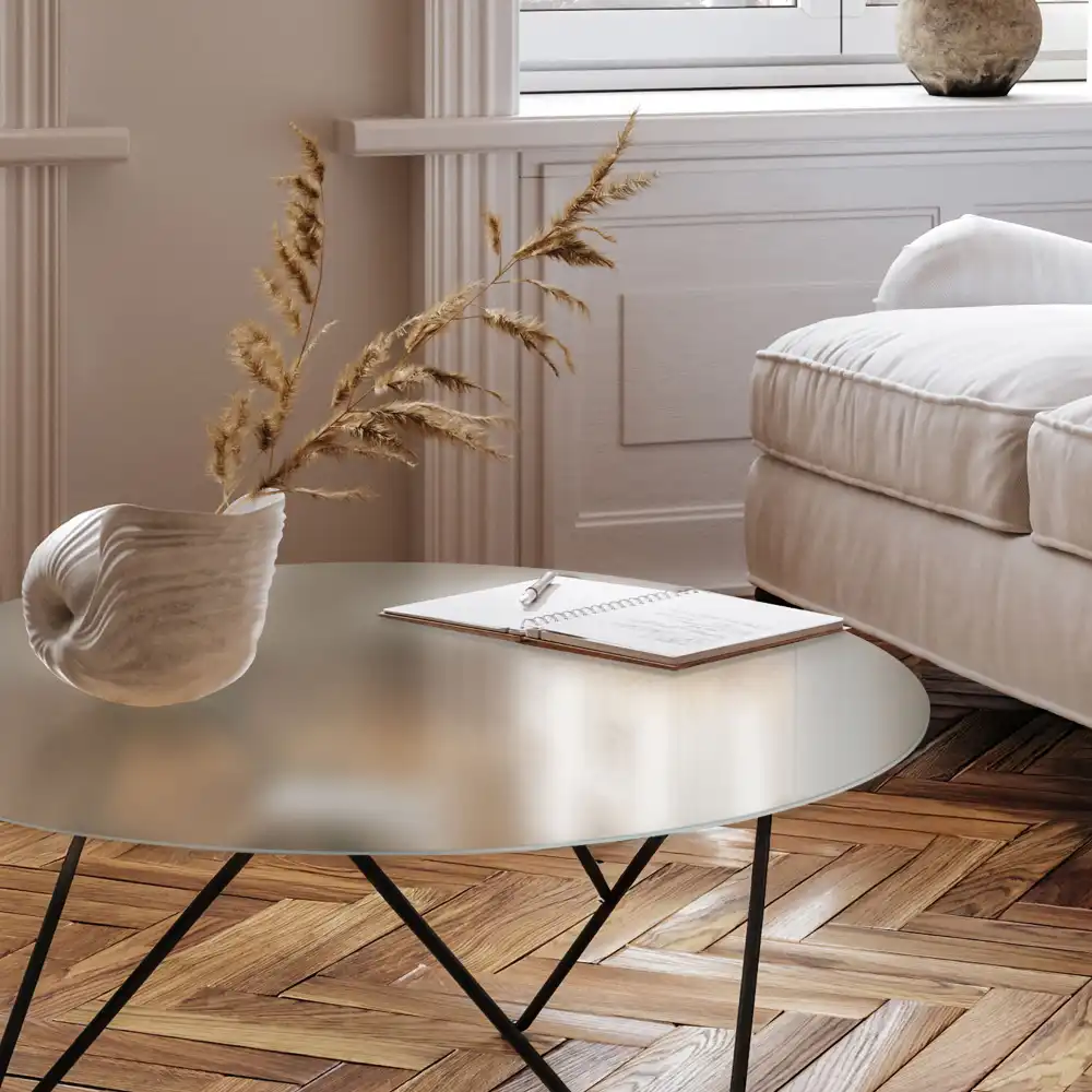 Plateau de table rond en verre semi-transparent