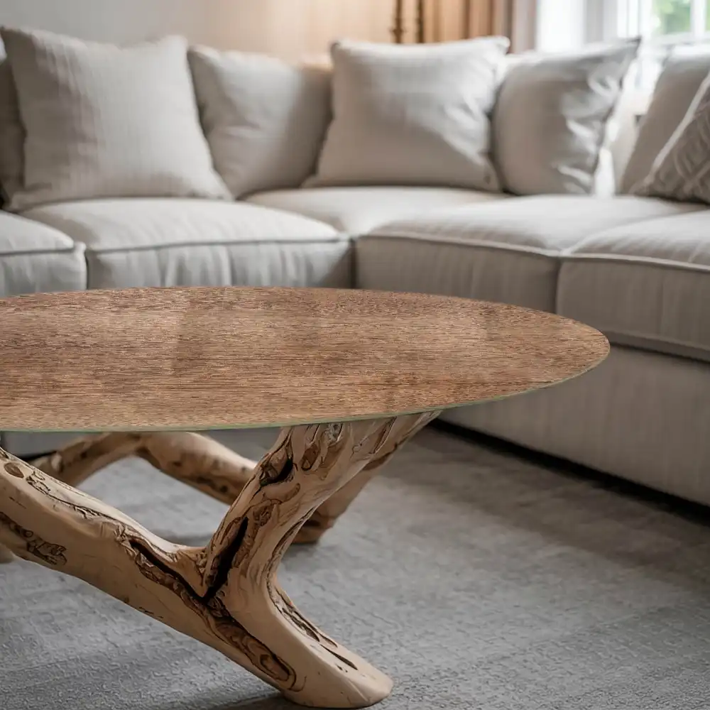 Table ronde avec plateau au motif bois élégant