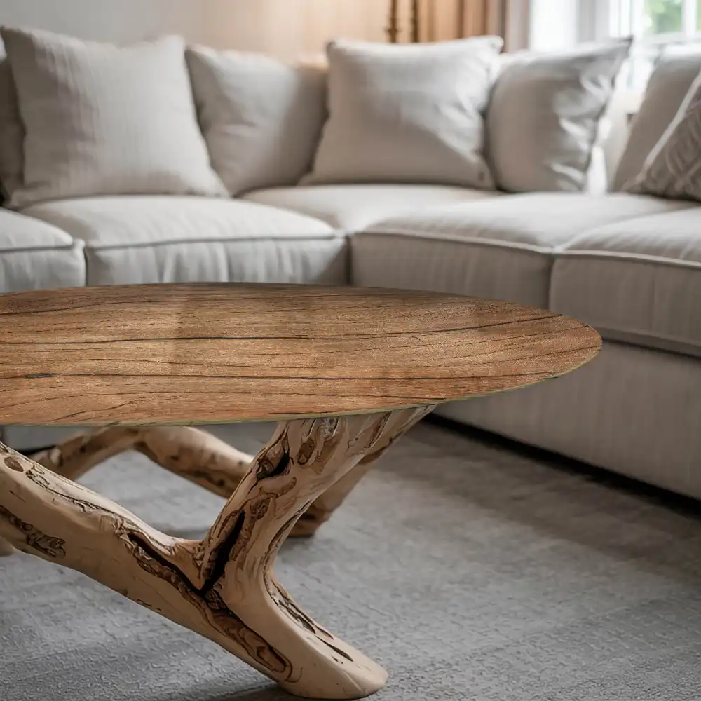 Dessus de table rond avec structure en bois naturel