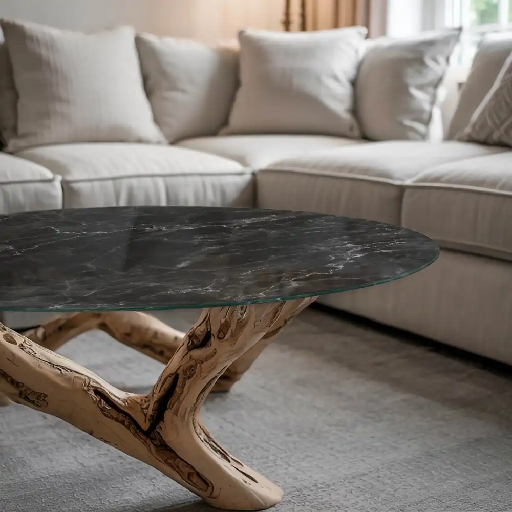 Table ronde à plateau effet marbre veiné