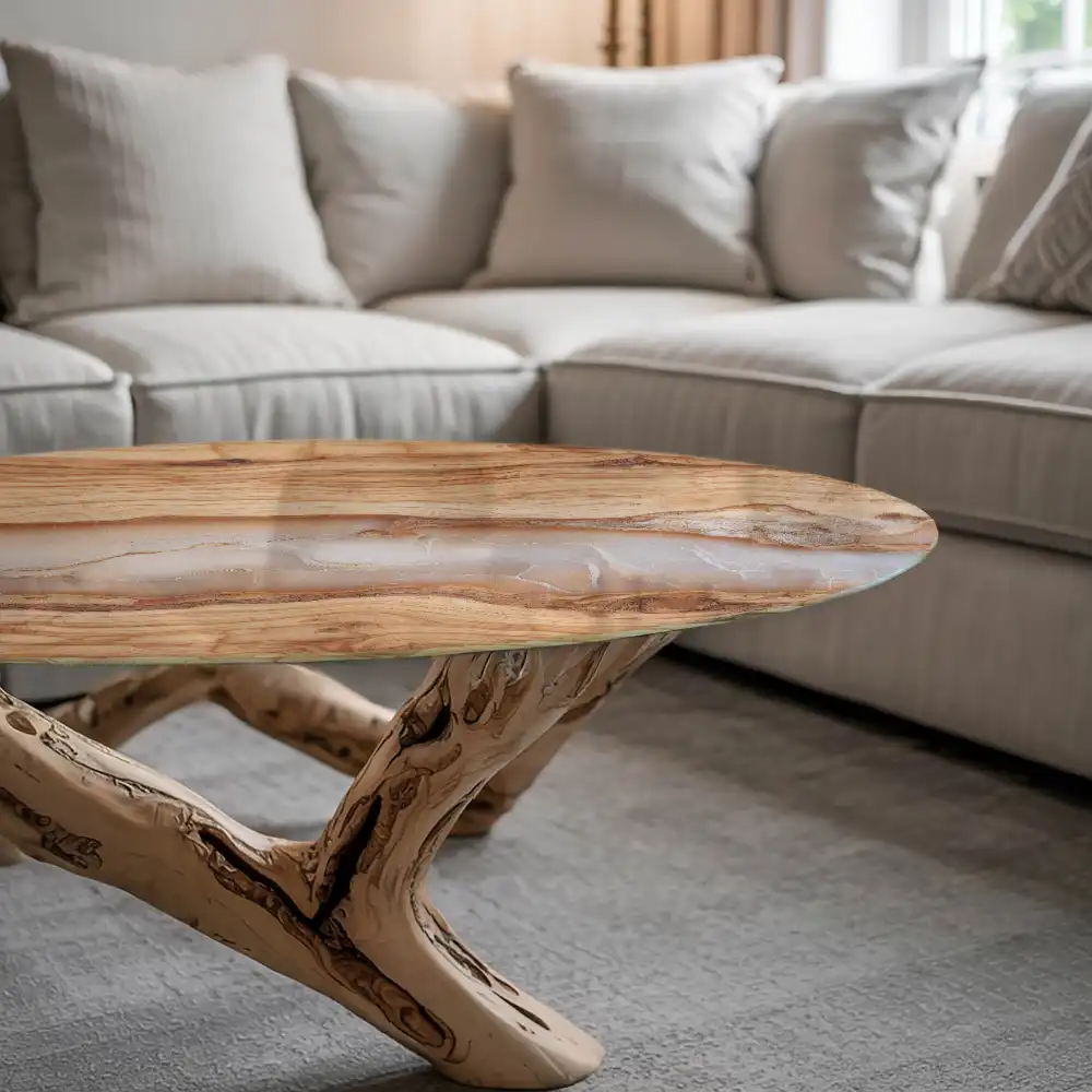 Plateau de table rond en bois naturel et résine