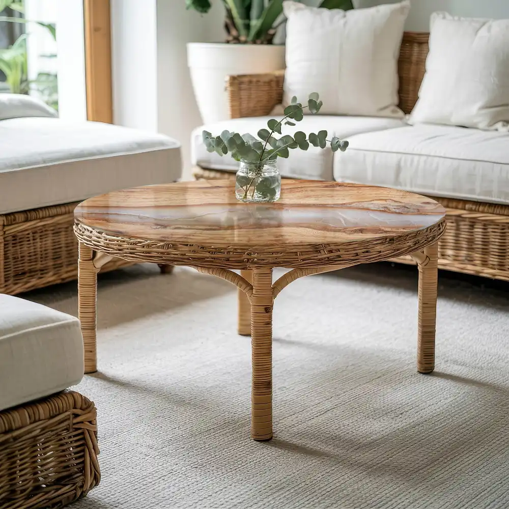 Plateau de table rond en bois naturel et résine