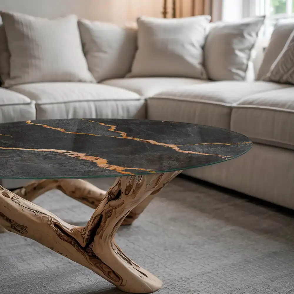 Plateau de table rond à motif marbré aux veines délicates