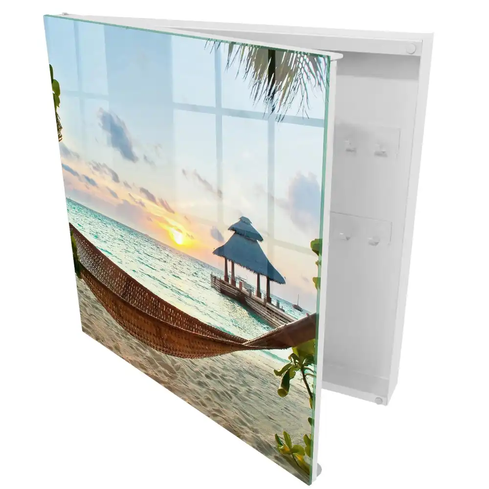 Boîte à clés murale plage tropicale et coucher de soleil avec gazebo
