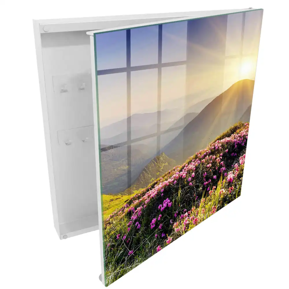 Boîte à clés montagnes et fleurs roses au lever du soleil