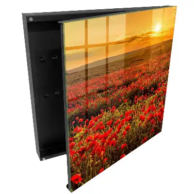Boîte à clés murale champs de coquelicots au coucher du soleil