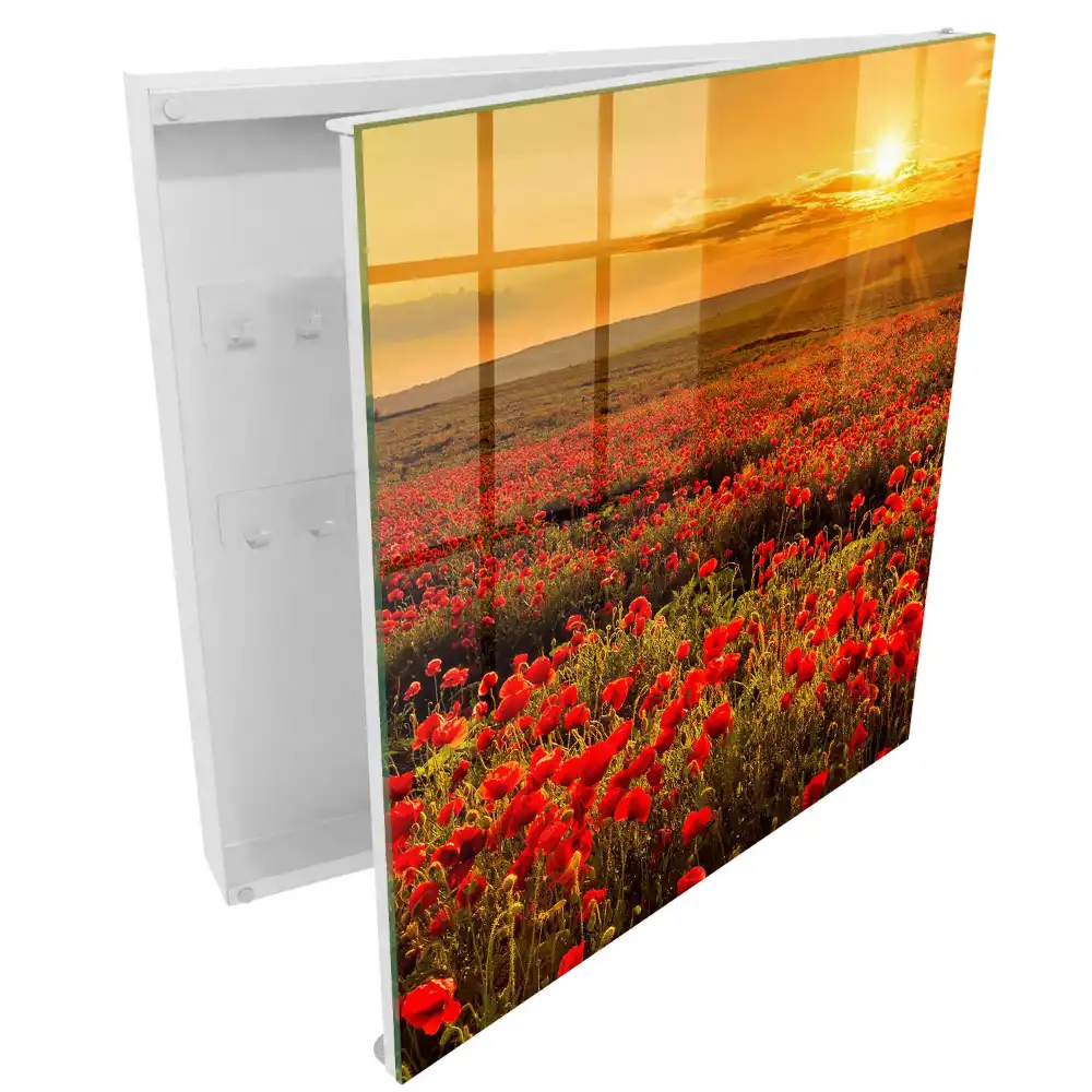 Boîte à clés murale champs de coquelicots au coucher du soleil