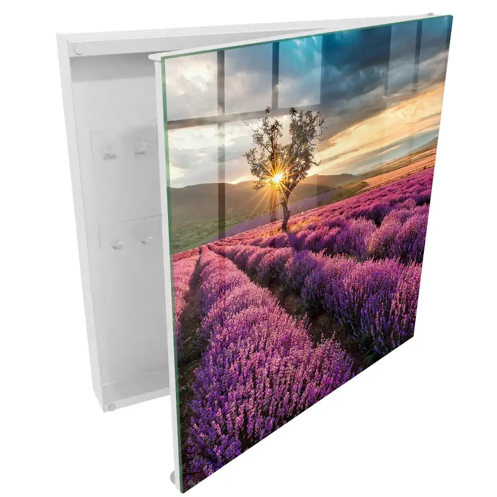 Boîte à clés champs de lavande violette au coucher du soleil