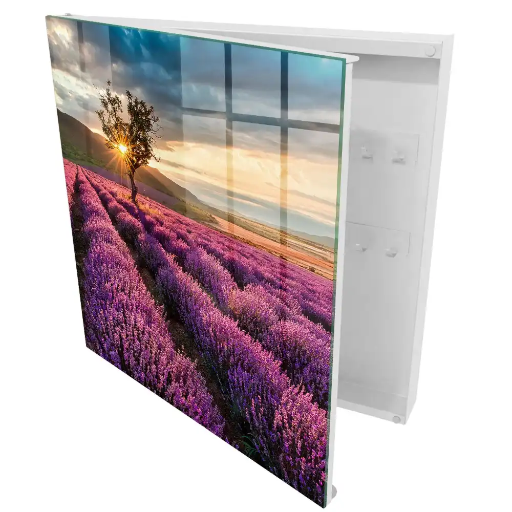 Boîte à clés champs de lavande violette au coucher du soleil