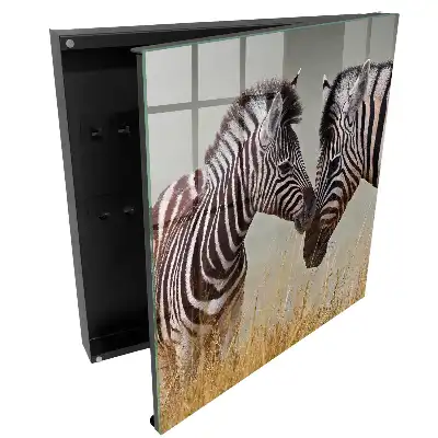 Armoire à clés des zèbres dans la nature avec de l'herbe et un fond beige.