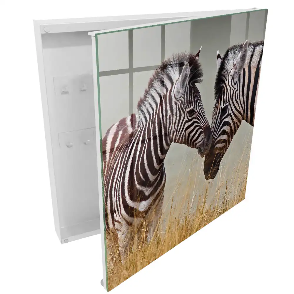 Armoire à clés des zèbres dans la nature avec de l'herbe et un fond beige.
