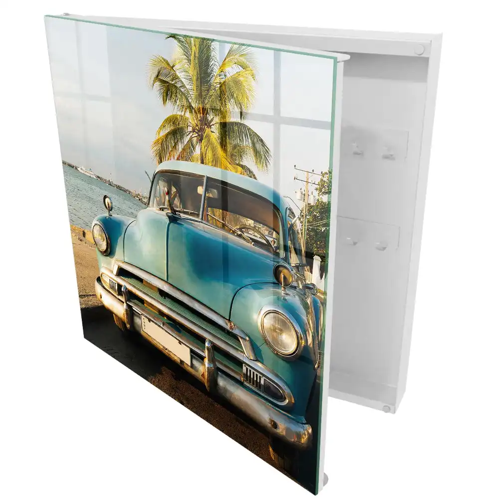 Armoire à clés voiture rétro au bord de la mer et palmier
