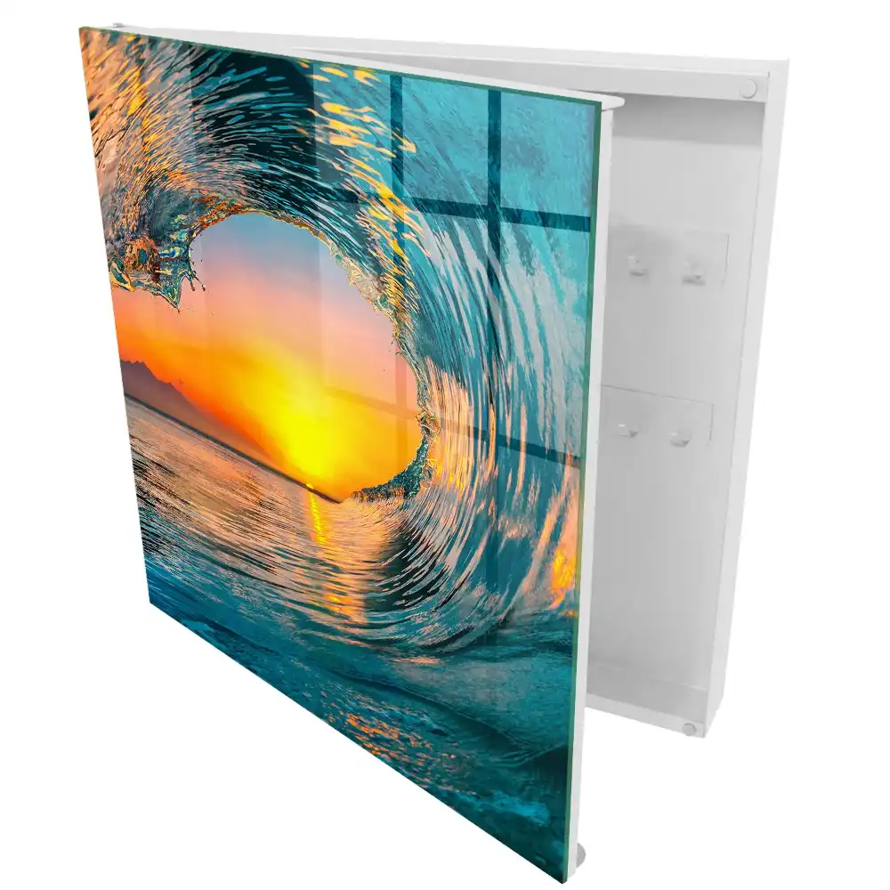 Boîte à clés murale vague et soleil couchant sur la mer