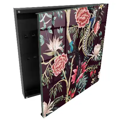 Boîte à clés murale exotique avec des oiseaux et des fleurs colorées pleines de grâce