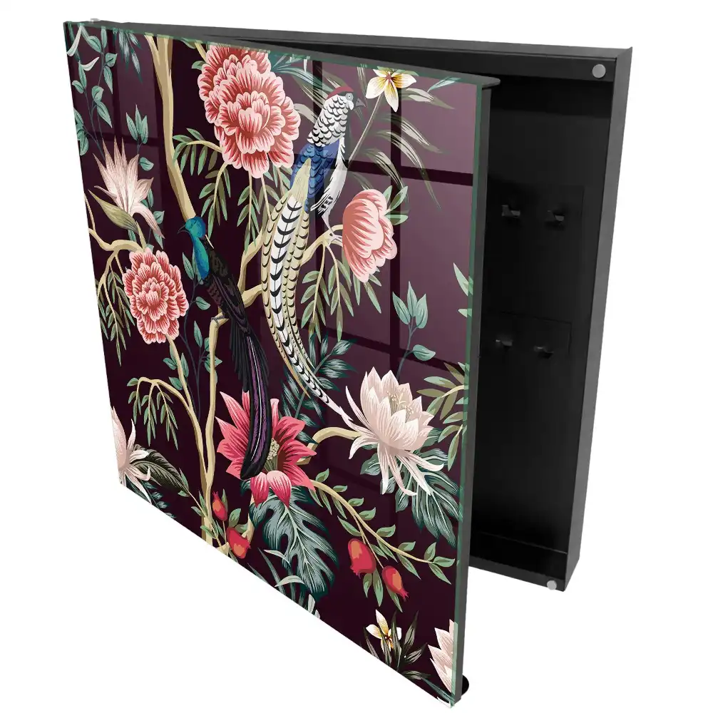 Boîte à clés murale exotique avec des oiseaux et des fleurs colorées pleines de grâce