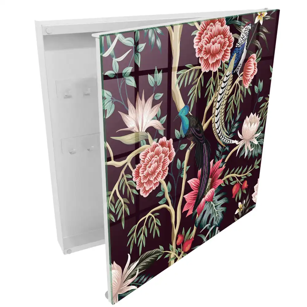 Boîte à clés murale exotique avec des oiseaux et des fleurs colorées pleines de grâce