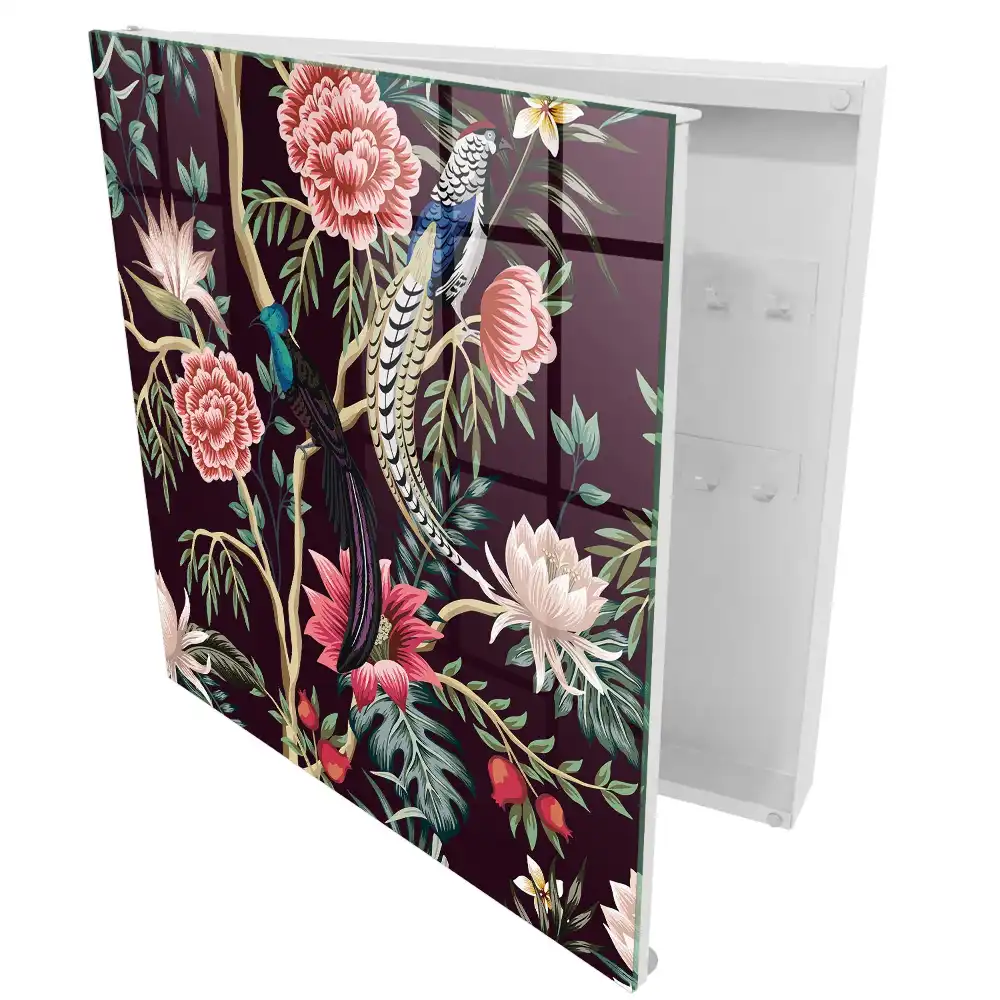 Boîte à clés murale exotique avec des oiseaux et des fleurs colorées pleines de grâce