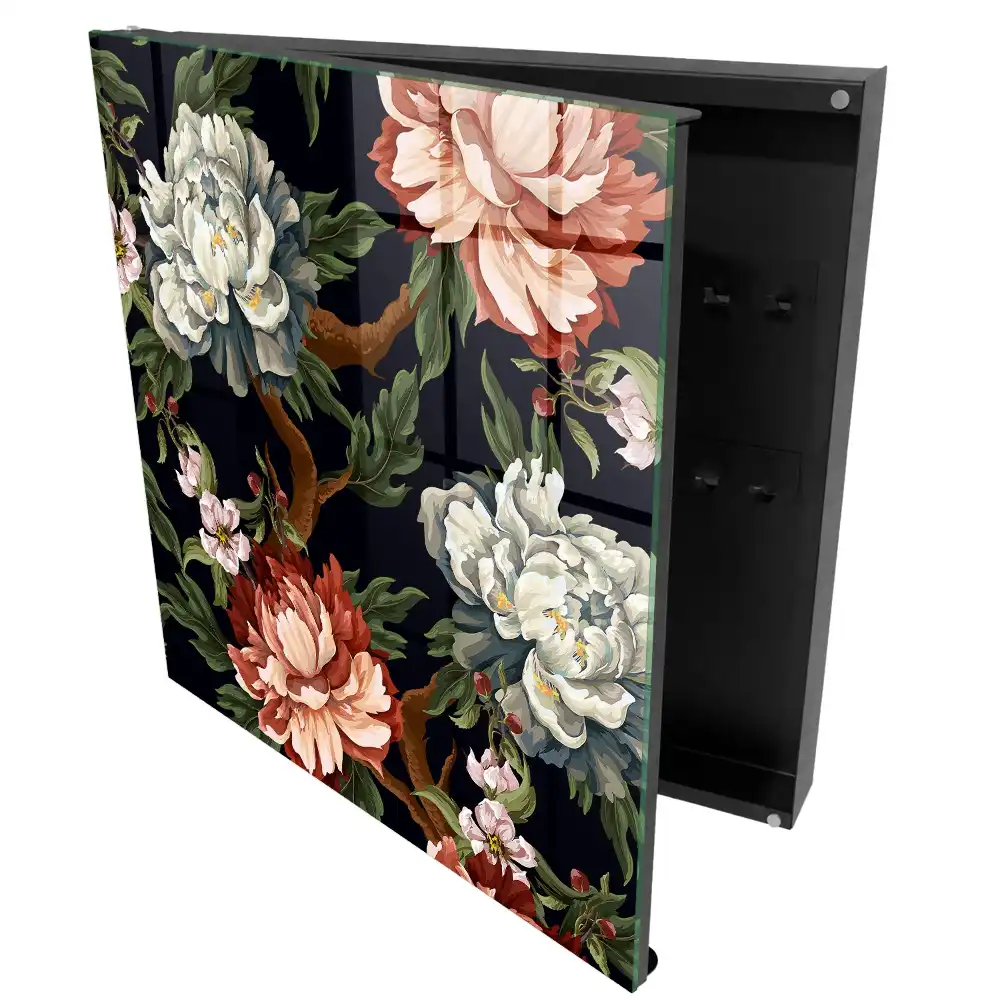 Boîte à clés murale fleurs avec des feuilles sur fond sombre