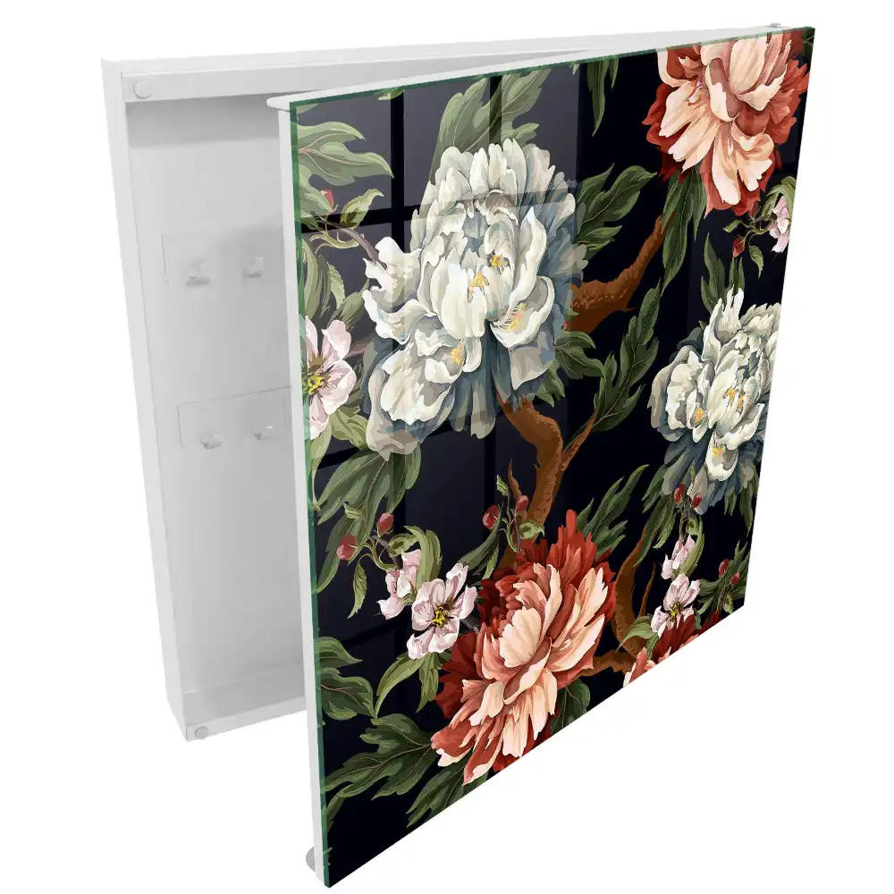 Boîte à clés murale fleurs avec des feuilles sur fond sombre