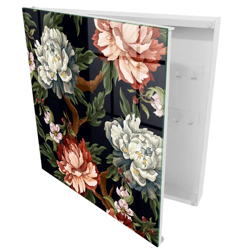 Boîte à clés murale fleurs avec des feuilles sur fond sombre