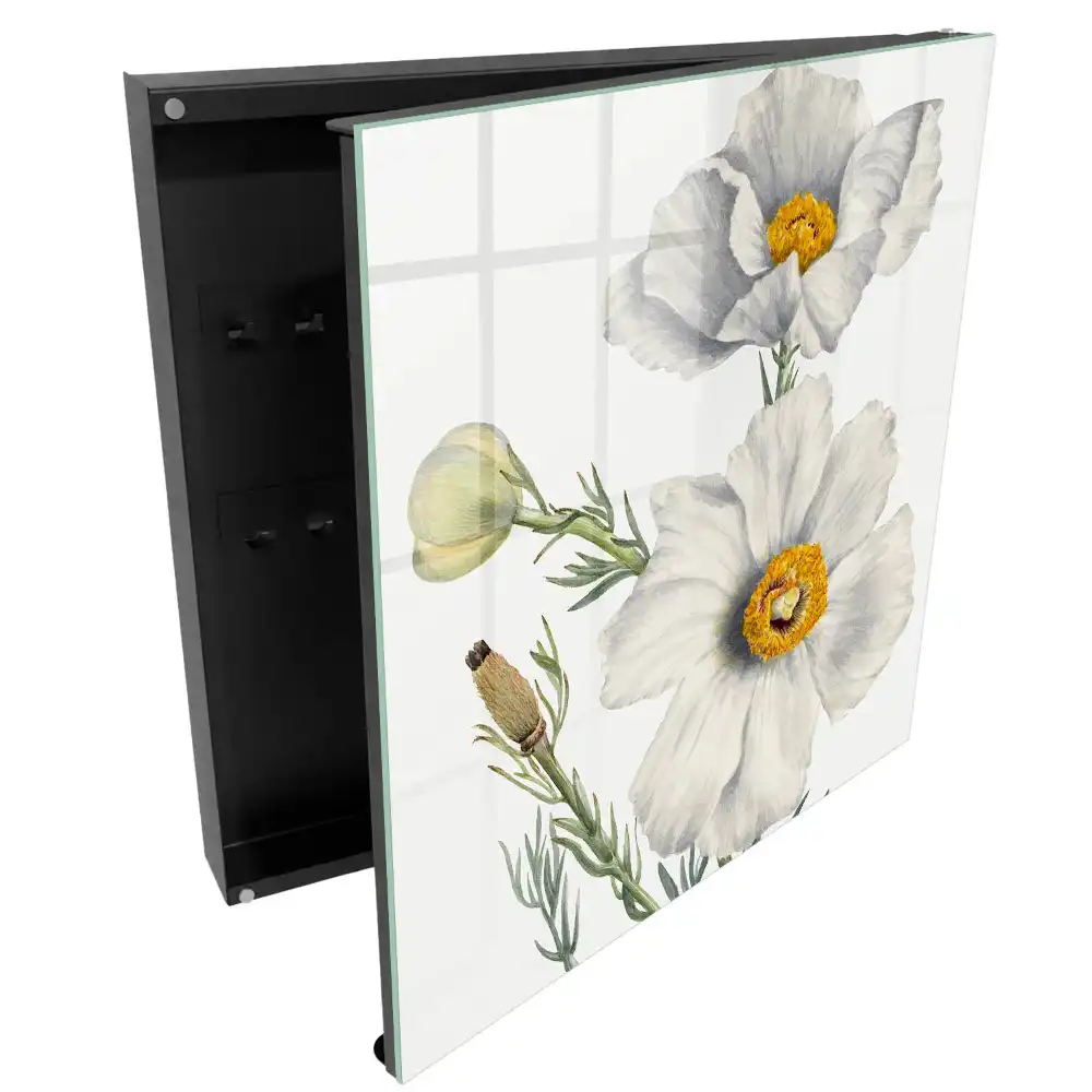 Armoire à clés fleurs blanches à cœur jaune et feuillage