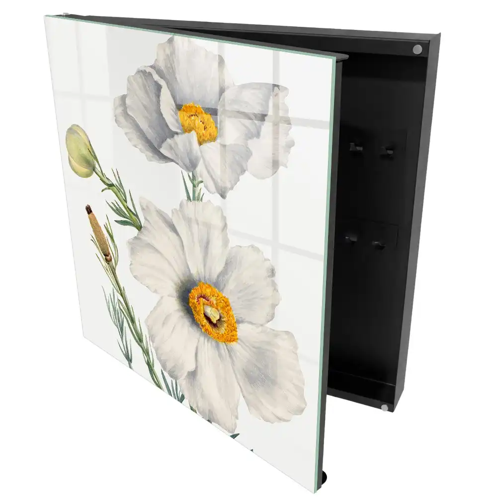 Armoire à clés fleurs blanches à cœur jaune et feuillage