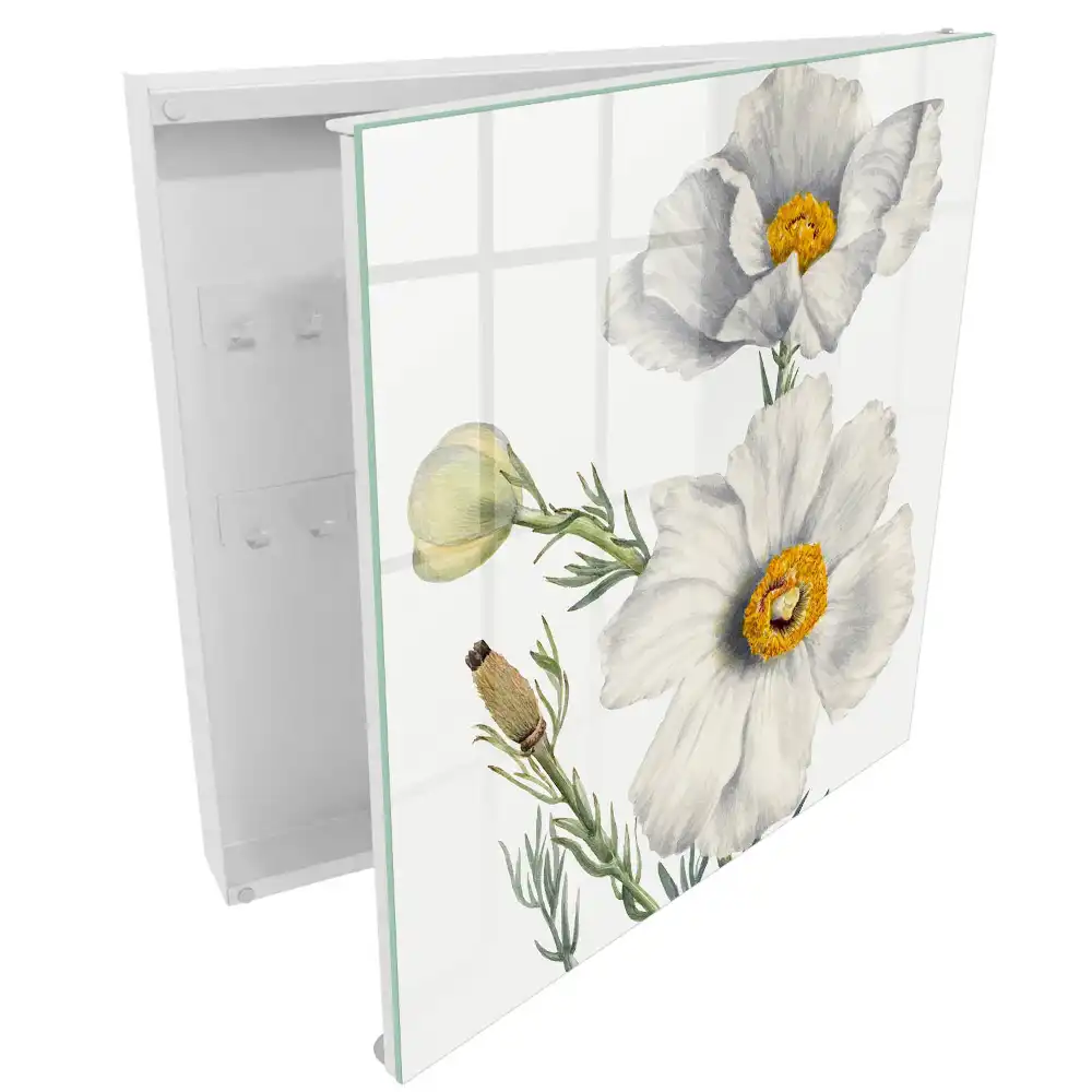 Armoire à clés fleurs blanches à cœur jaune et feuillage