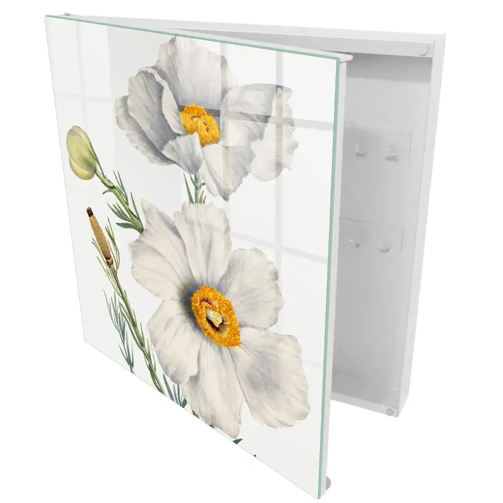Armoire à clés fleurs blanches à cœur jaune et feuillage