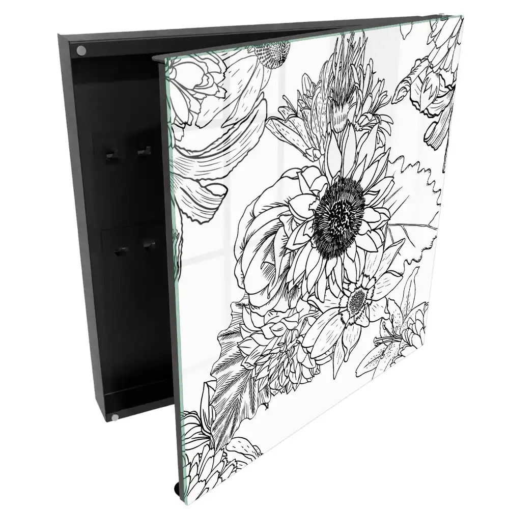 Boîte à clés murale composition florale complexe dans un style de dessin au trait
