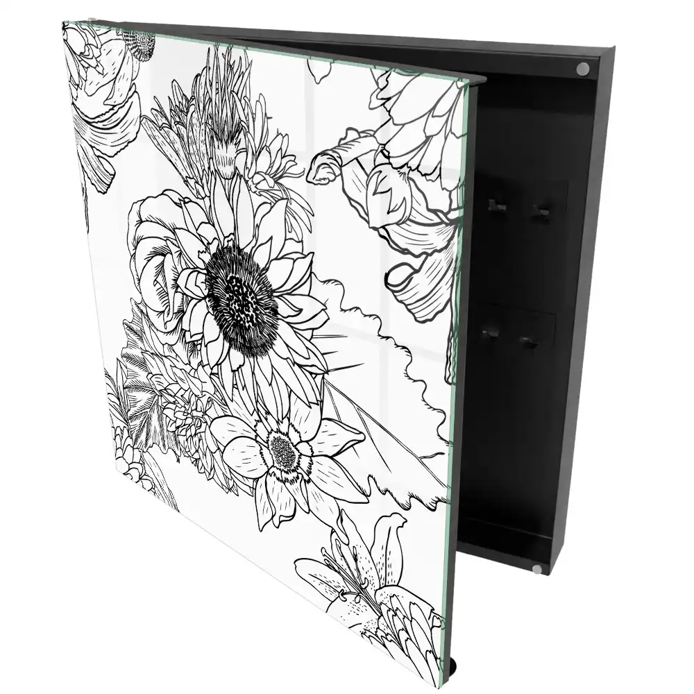 Boîte à clés murale composition florale complexe dans un style de dessin au trait