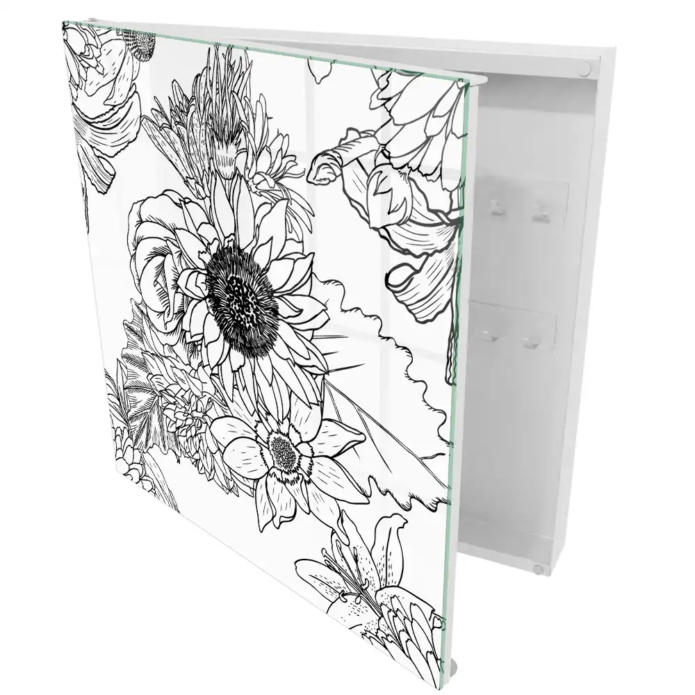 Boîte à clés murale composition florale complexe dans un style de dessin au trait